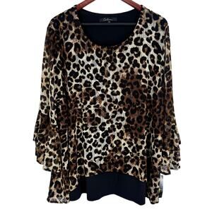 NEW NWT Calessa Plus Size 3X Brown Black Leopard Blouse Shirt Top Wearable Art